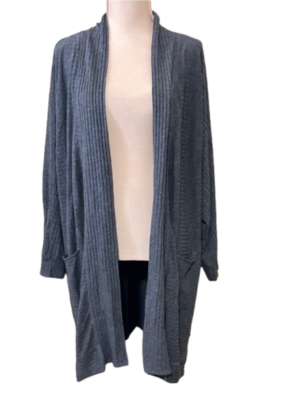 Secret Treasures L/G(12-14) Open-Front Ribbed Cardigan Dark Gray Casual Pockets